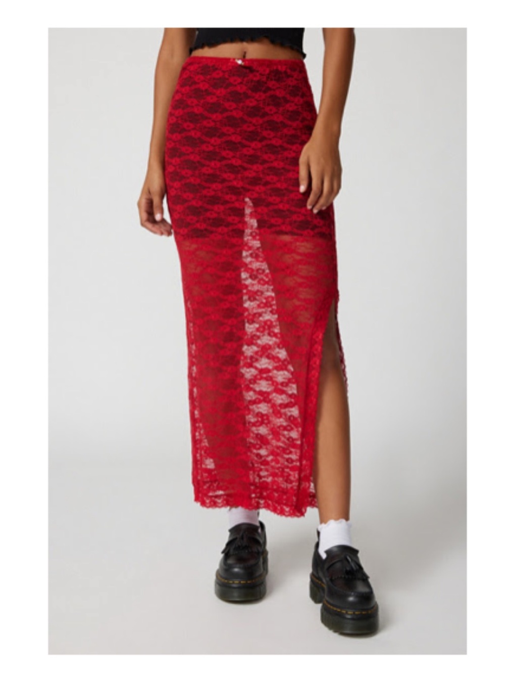Red Lace Maxi Skirt with Side Slit